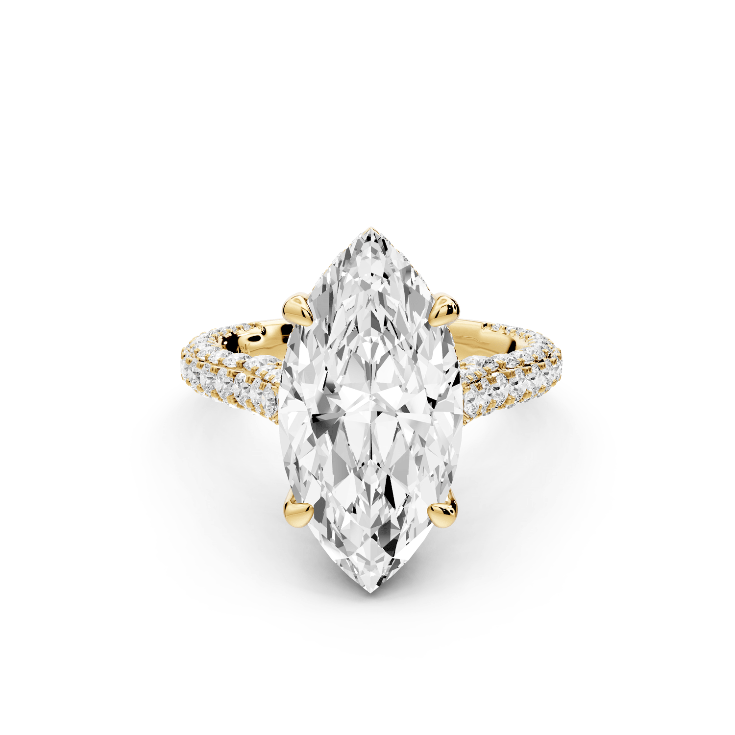 Bianca - 4ct 18k yellow gold marquise Diamond hidden halo with a diamond crown and bridge rollover pave cathedral engagement ring - Mr. Alex Jewelry