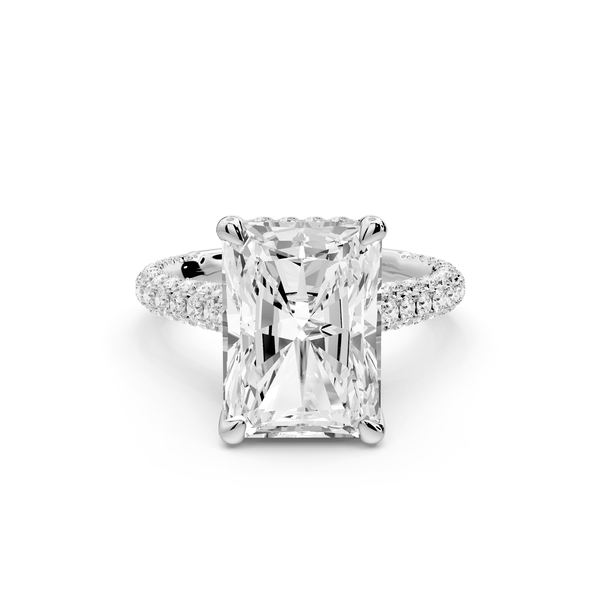 Bianca - 5ct 18k white gold radiant Diamond hidden halo with a diamond crown and bridge rollover pave cathedral engagement ring - Mr. Alex Jewelry