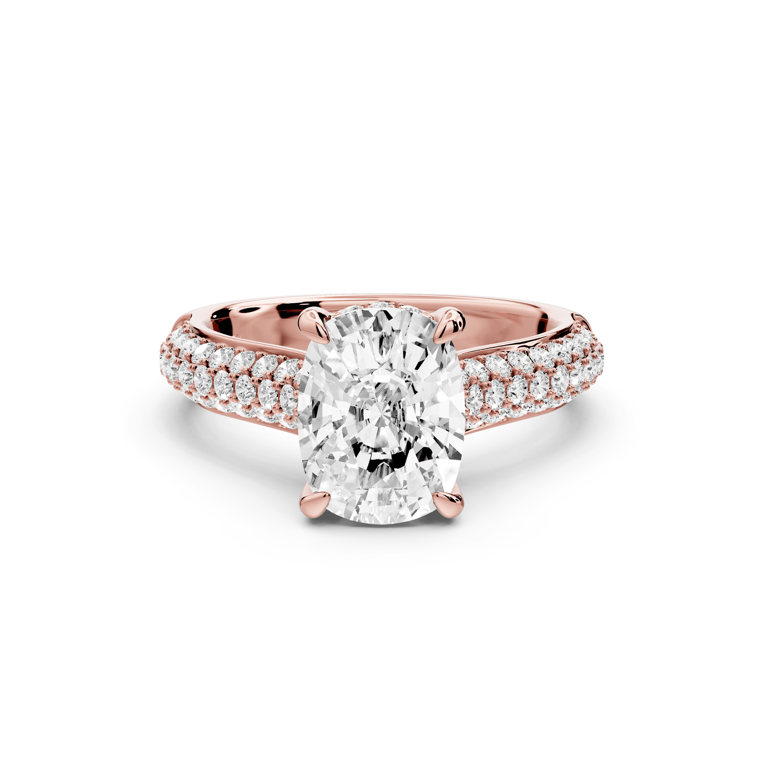 Camille - 2ct 14k rose gold ecushion Diamond hidden halo rollover pave cathedral engagement ring - Mr. Alex Jewelry