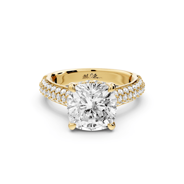 Camille - 3ct 14k yellow gold cushion Diamond hidden halo rollover pave cathedral engagement ring - Mr. Alex Jewelry