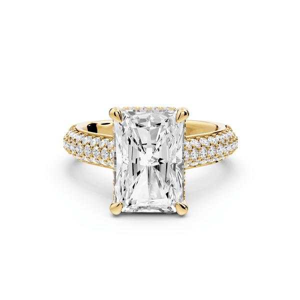 Camille - 3ct 14k yellow gold radiant Diamond hidden halo rollover pave cathedral engagement ring - Mr. Alex Jewelry