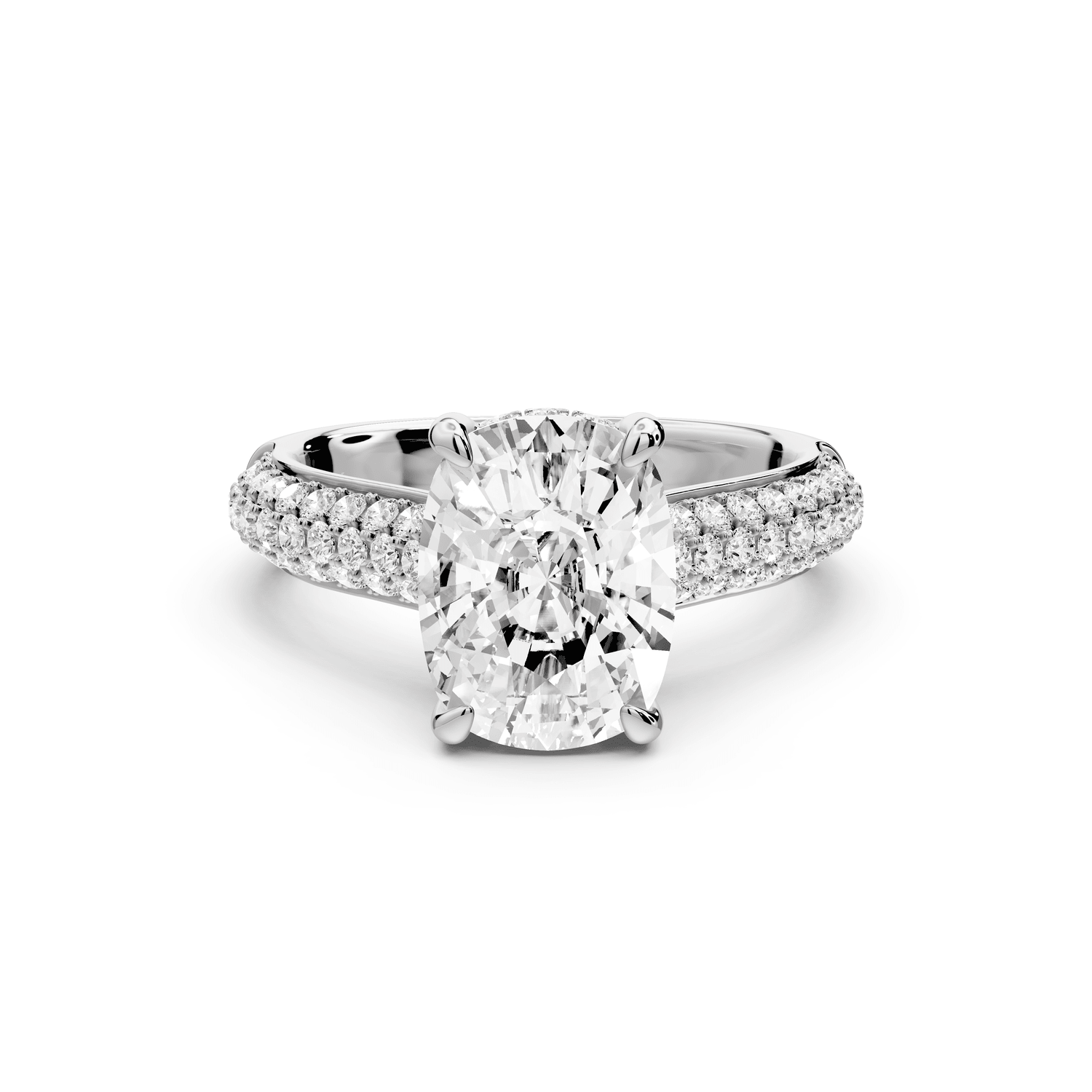Camille - 3ct platinum ecushion Diamond hidden halo rollover pave cathedral engagement ring - Mr. Alex Jewelry