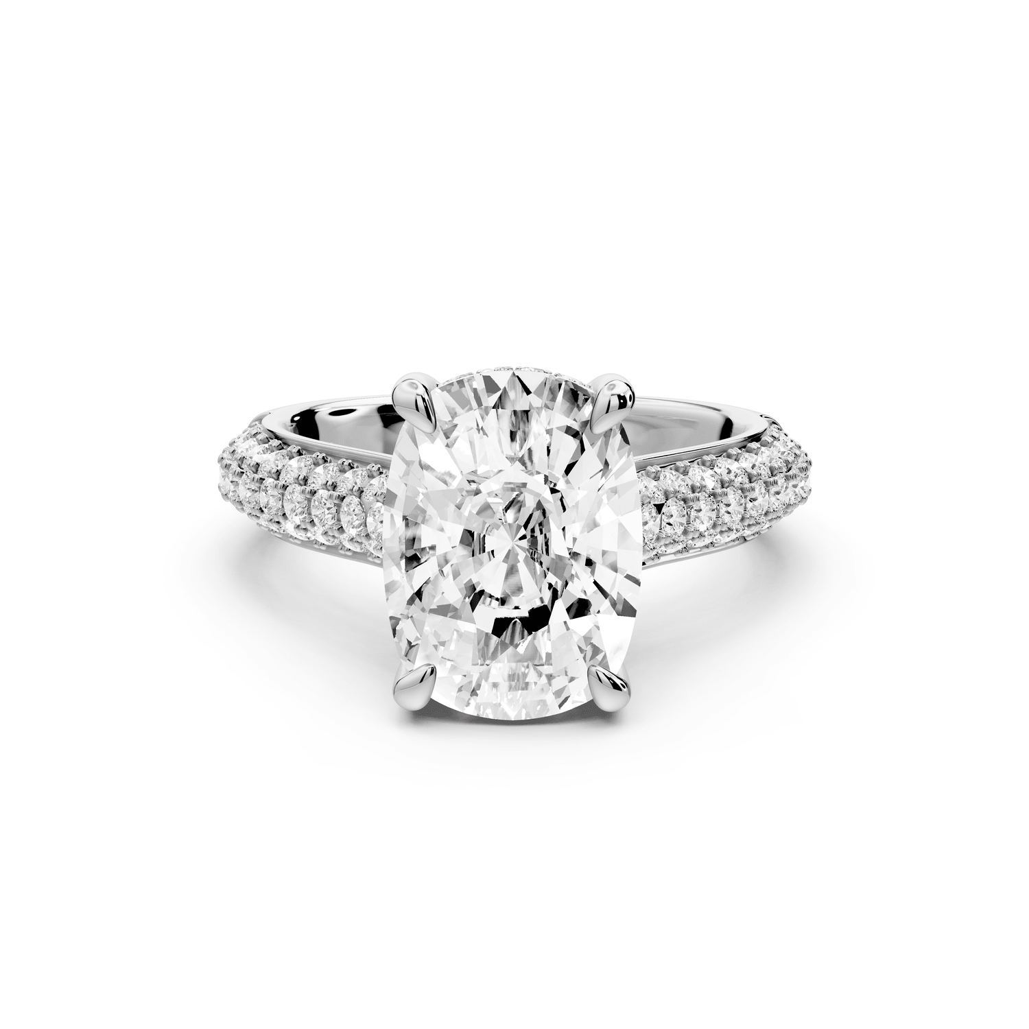 Camille - 4ct 14k white gold ecushion Diamond hidden halo rollover pave cathedral engagement ring - Mr. Alex Jewelry
