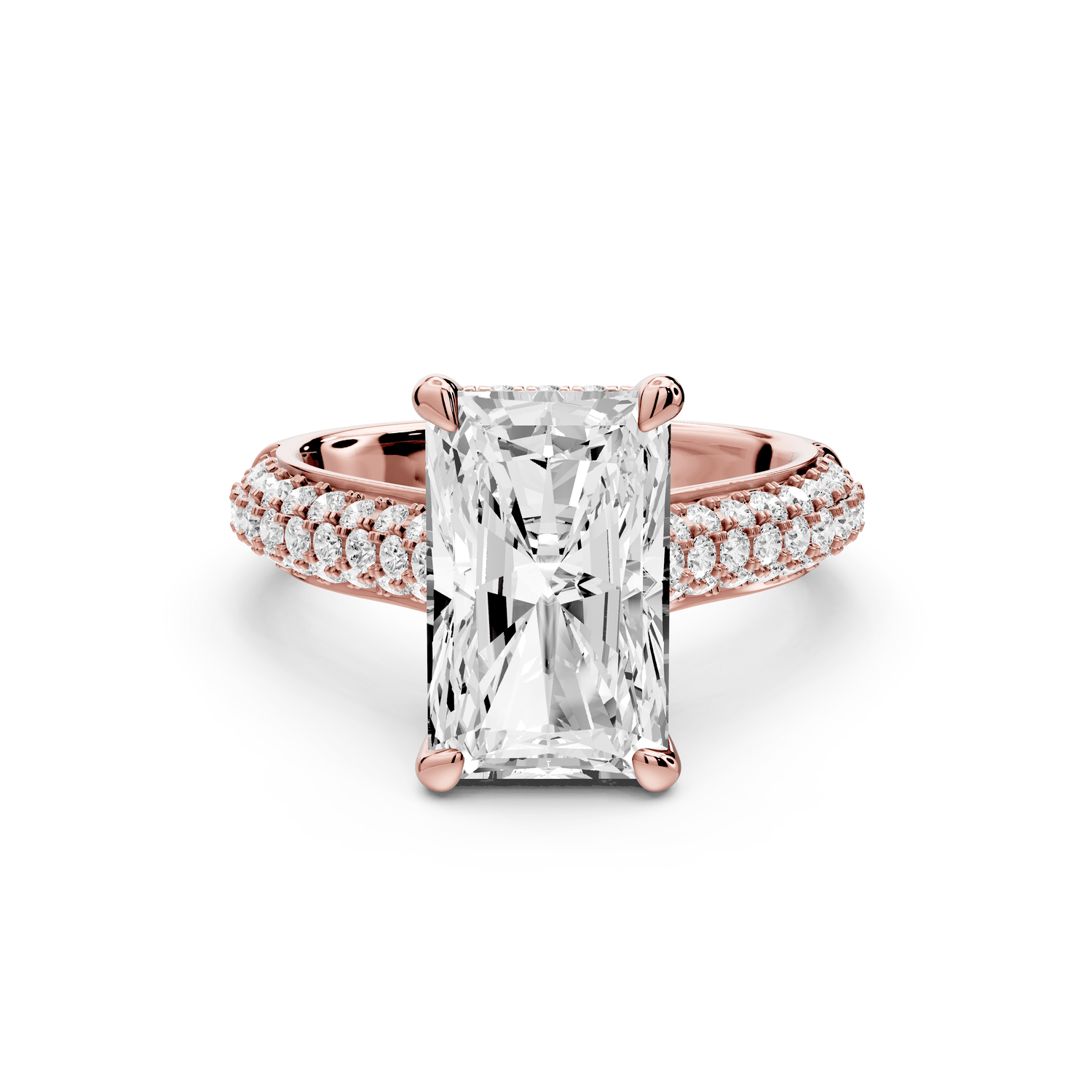 Camille - 4ct 18k rose gold radiant Diamond hidden halo rollover pave cathedral engagement ring - Mr. Alex Jewelry