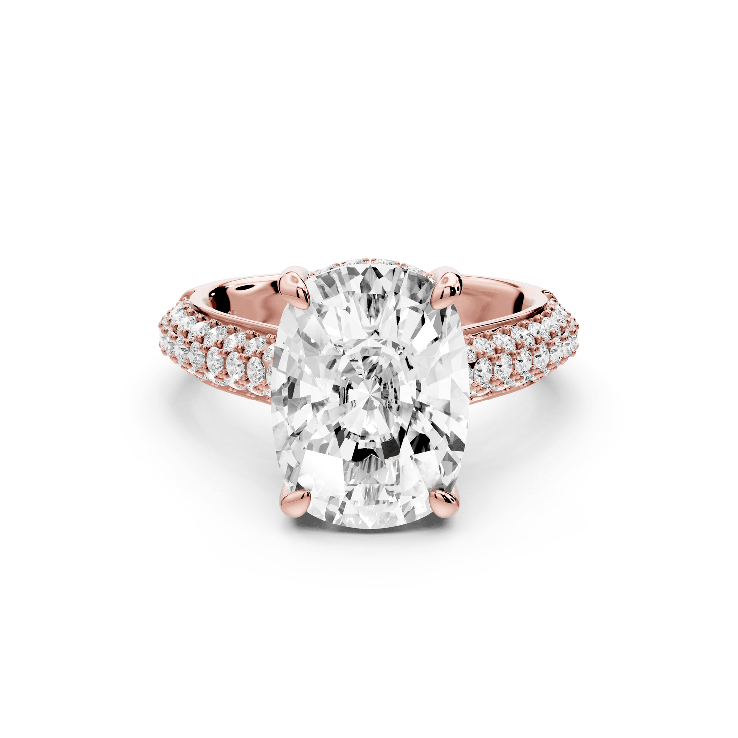 Camille - 5ct 14k rose gold ecushion Diamond hidden halo rollover pave cathedral engagement ring - Mr. Alex Jewelry