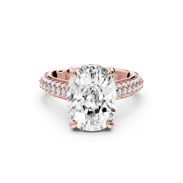 Camille - 5ct 14k rose gold ecushion Diamond hidden halo rollover pave cathedral engagement ring - Mr. Alex Jewelry