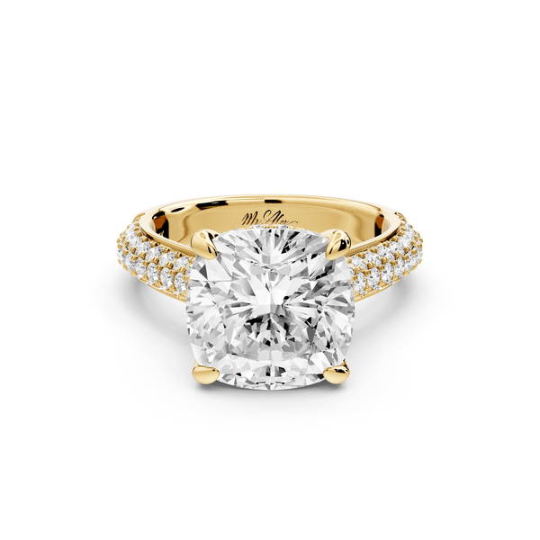 Camille - 5ct 14k yellow gold cushion Diamond hidden halo rollover pave cathedral engagement ring - Mr. Alex Jewelry