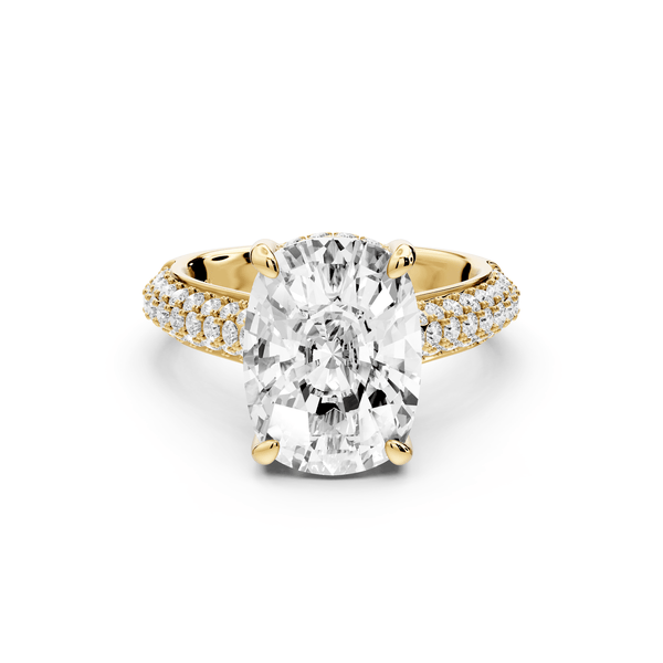Camille - 5ct 14k yellow gold ecushion Diamond hidden halo rollover pave cathedral engagement ring - Mr. Alex Jewelry