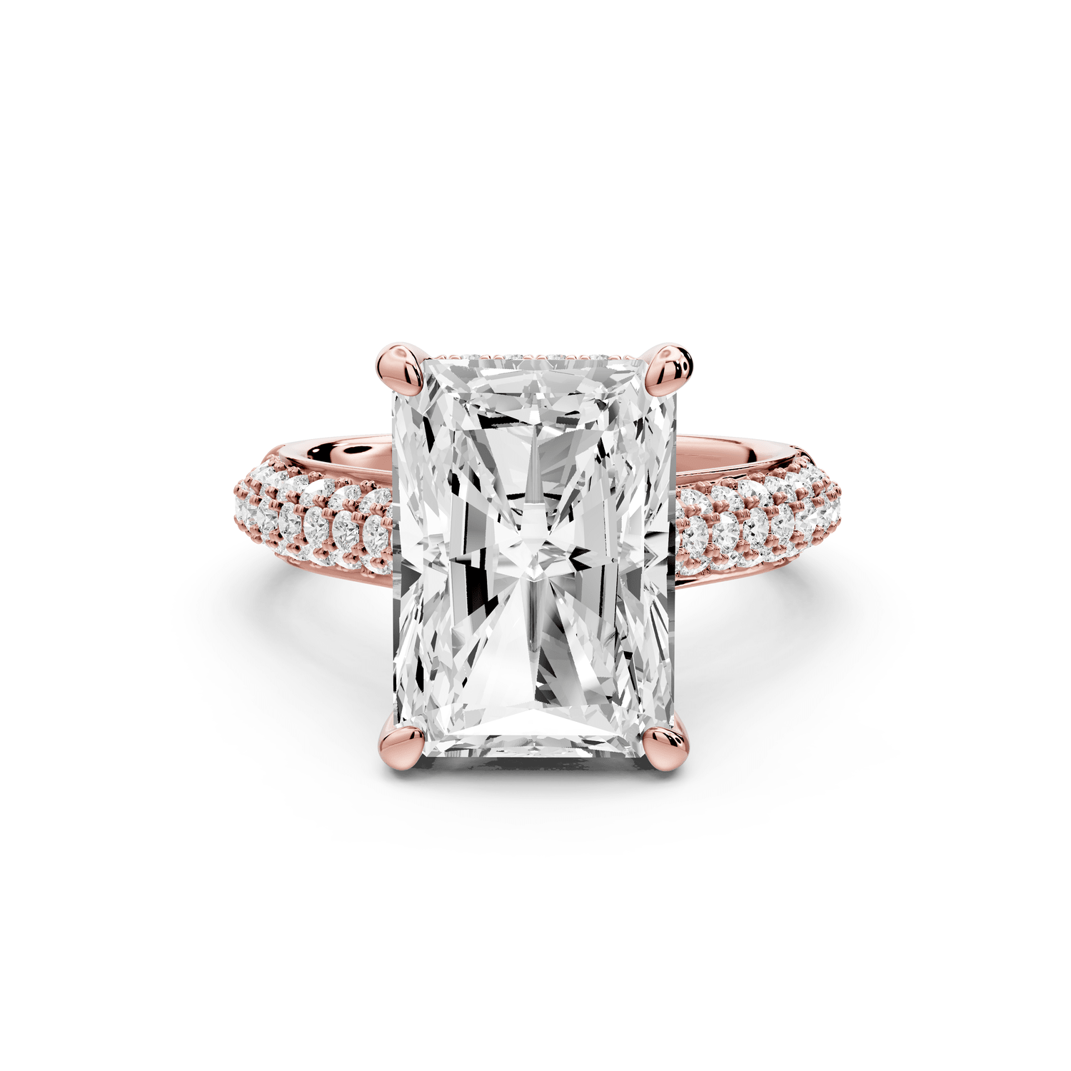 Camille - 5ct 18k rose gold radiant Diamond hidden halo rollover pave cathedral engagement ring - Mr. Alex Jewelry
