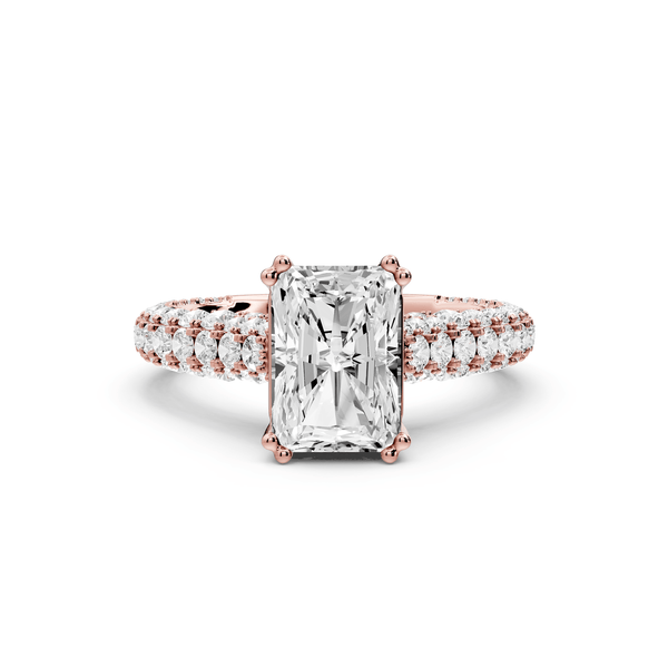 Clarissa - 2ct 18k rose gold emerald Diamond double talon prongs with a diamond bridge rollover pave cathedral engagment ring - Mr. Alex Jewelry