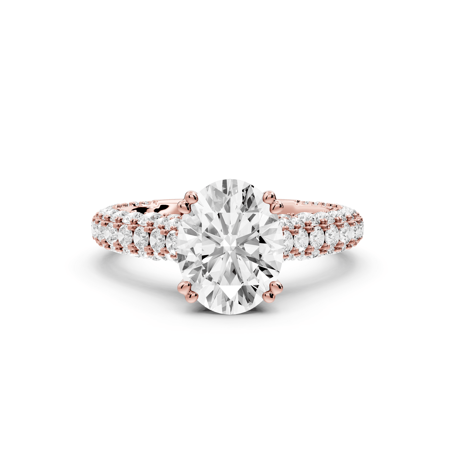 Clarissa - 2ct 18k rose gold oval Diamond double talon prongs with a diamond bridge rollover pave cathedral engagment ring - Mr. Alex Jewelry