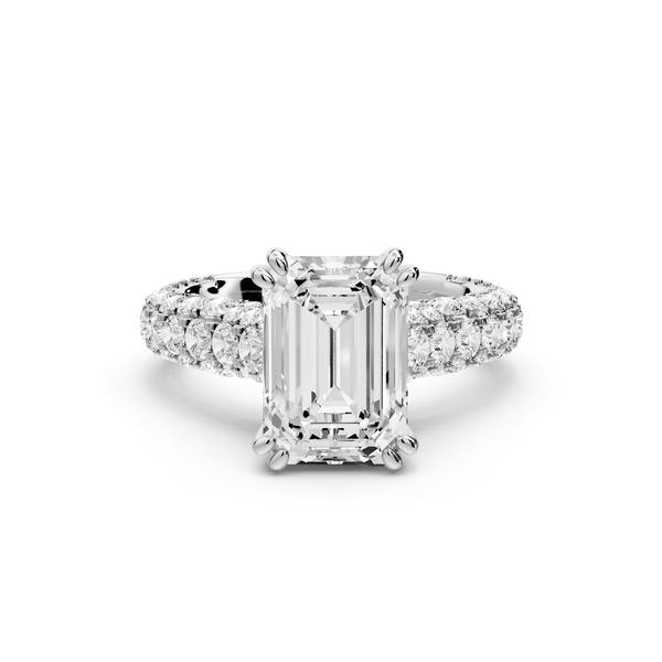 Clarissa - 3ct platinum emerald Diamond double talon prongs with a diamond bridge rollover pave cathedral engagment ring - Mr. Alex Jewelry