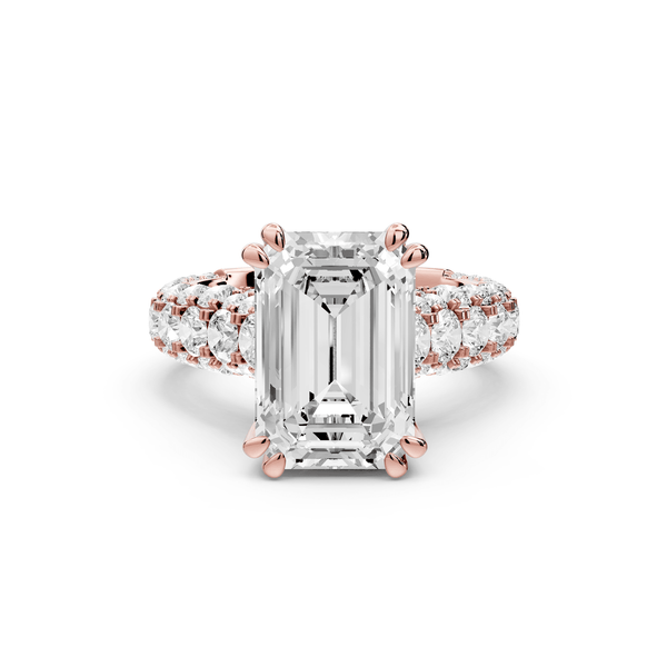 Clarissa - 4ct 18k rose gold emerald Diamond double talon prongs with a diamond bridge rollover pave cathedral engagment ring - Mr. Alex Jewelry