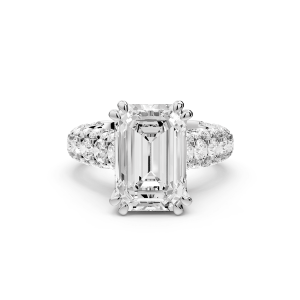 Clarissa - 4ct 18k white gold emerald Diamond double talon prongs with a diamond bridge rollover pave cathedral engagment ring - Mr. Alex Jewelry