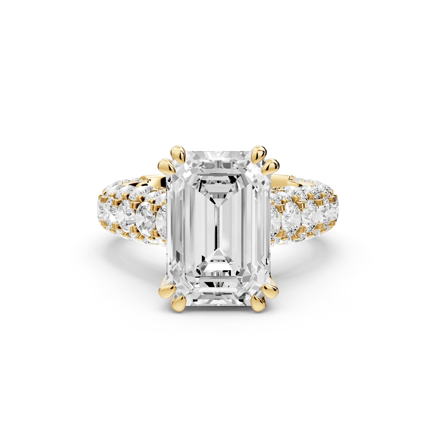 Clarissa - 4ct 18k yellow gold emerald Diamond double talon prongs with a diamond bridge rollover pave cathedral engagment ring - Mr. Alex Jewelry