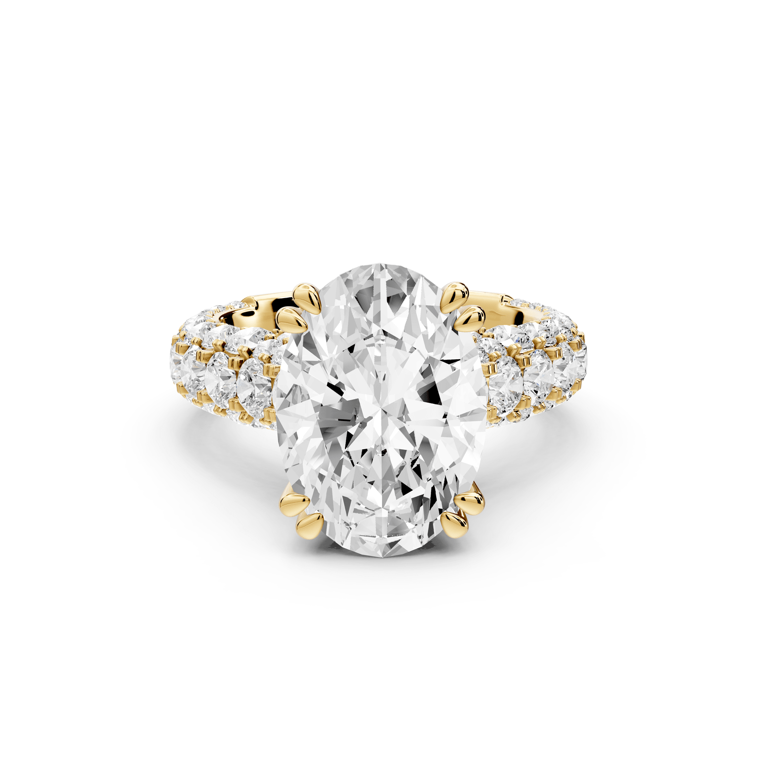 Clarissa - 4ct 18k yellow gold oval Diamond double talon prongs with a diamond bridge rollover pave cathedral engagment ring - Mr. Alex Jewelry