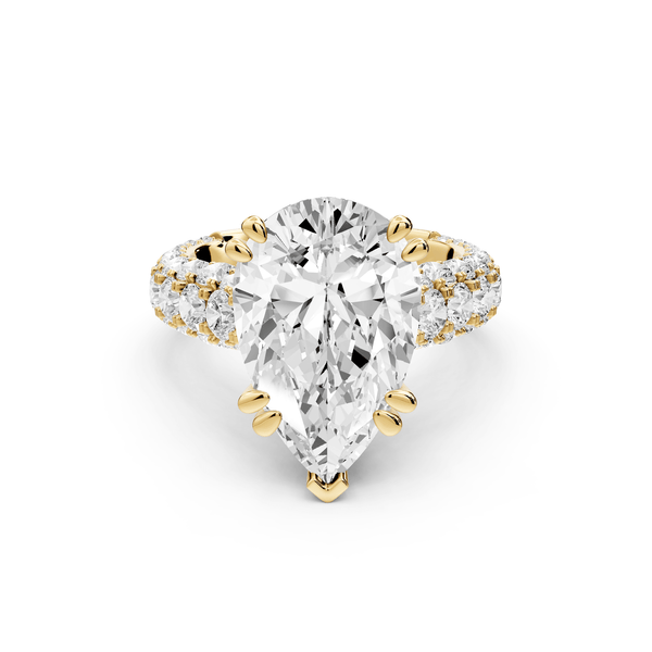 Clarissa - 5ct 18k yellow gold pear Diamond double talon prongs with a diamond bridge rollover pave cathedral engagment ring - Mr. Alex Jewelry