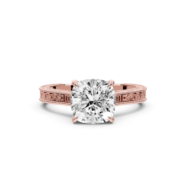 Daniel - 2ct 14k rose gold Cushion Vintage-Inspired Solitaire Engagement Ring with Hand-Engraved Milgrain Band - Mr. Alex Jewelry