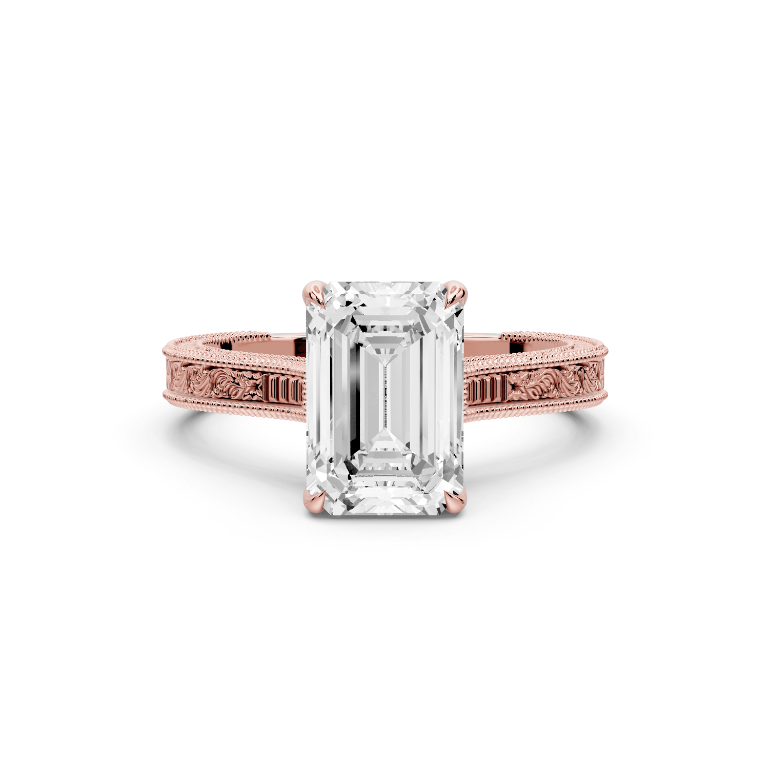 Daniel - 2ct 14k rose gold Emerald Vintage-Inspired Solitaire Engagement Ring with Hand-Engraved Milgrain Band - Mr. Alex Jewelry