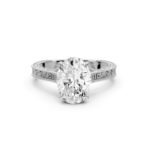 Daniel - 2ct 14k white gold Oval Vintage-Inspired Solitaire Engagement Ring with Hand-Engraved Milgrain Band - Mr. Alex Jewelry