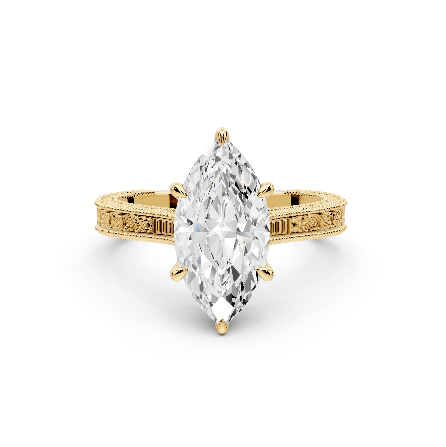 Daniel - 2ct 14k yellow gold Marquise Vintage-Inspired Solitaire Engagement Ring with Hand-Engraved Milgrain Band - Mr. Alex Jewelry