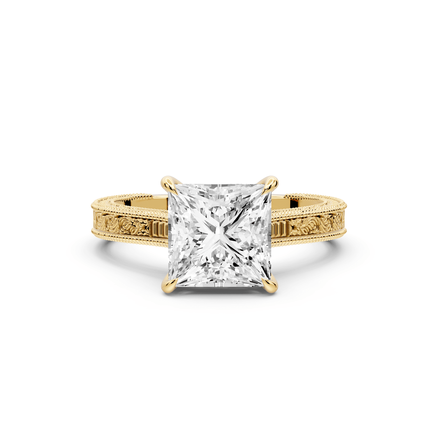 Daniel - 2ct 14k yellow gold Princess Vintage-Inspired Solitaire Engagement Ring with Hand-Engraved Milgrain Band - Mr. Alex Jewelry