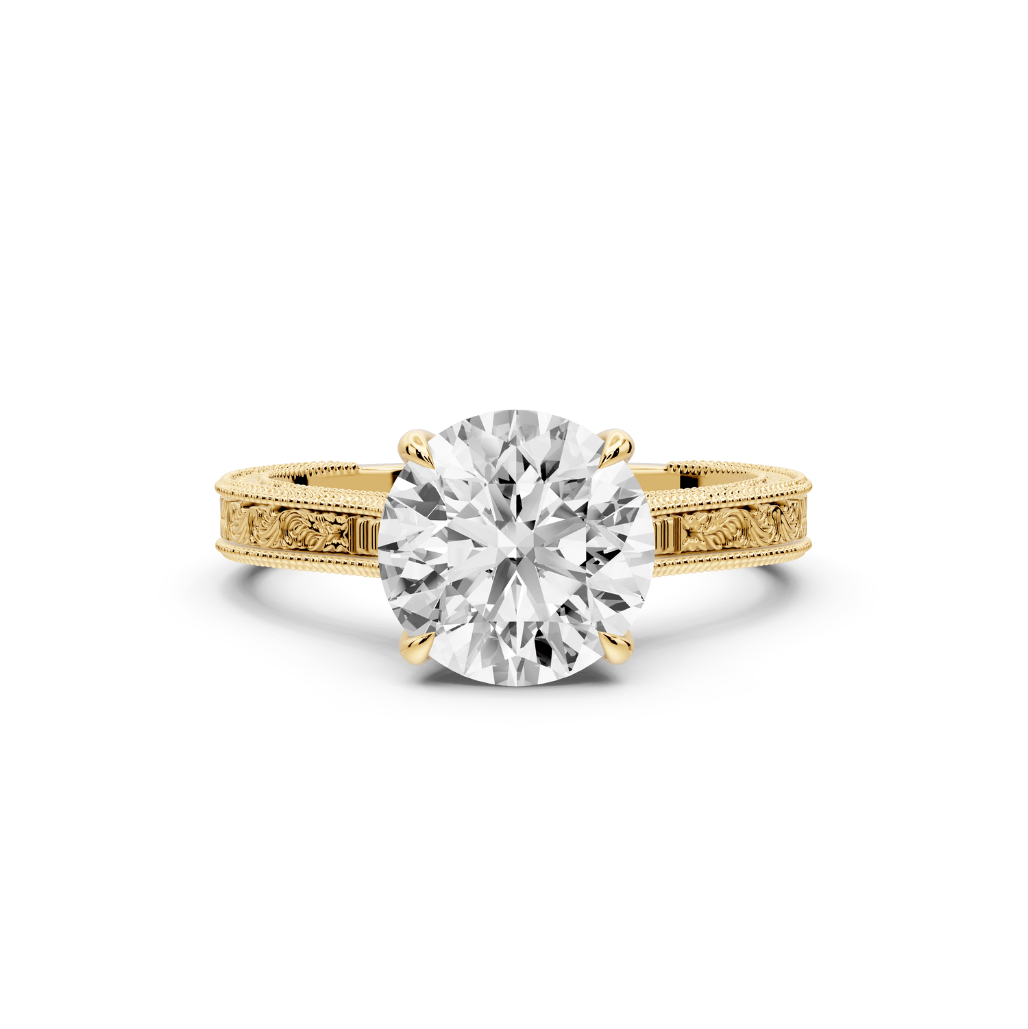 Daniel - 2ct 14k yellow gold Round Vintage-Inspired Solitaire Engagement Ring with Hand-Engraved Milgrain Band - Mr. Alex Jewelry