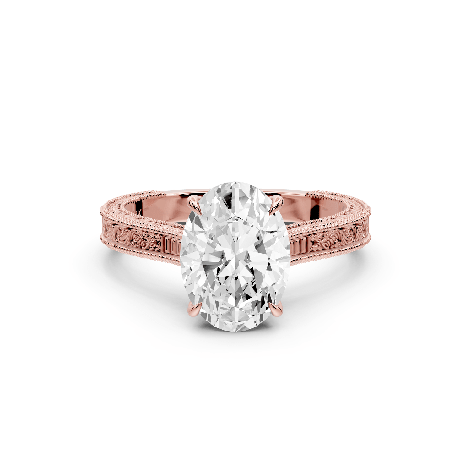 Daniel - 2ct 18k rose gold Oval Vintage-Inspired Solitaire Engagement Ring with Hand-Engraved Milgrain Band - Mr. Alex Jewelry