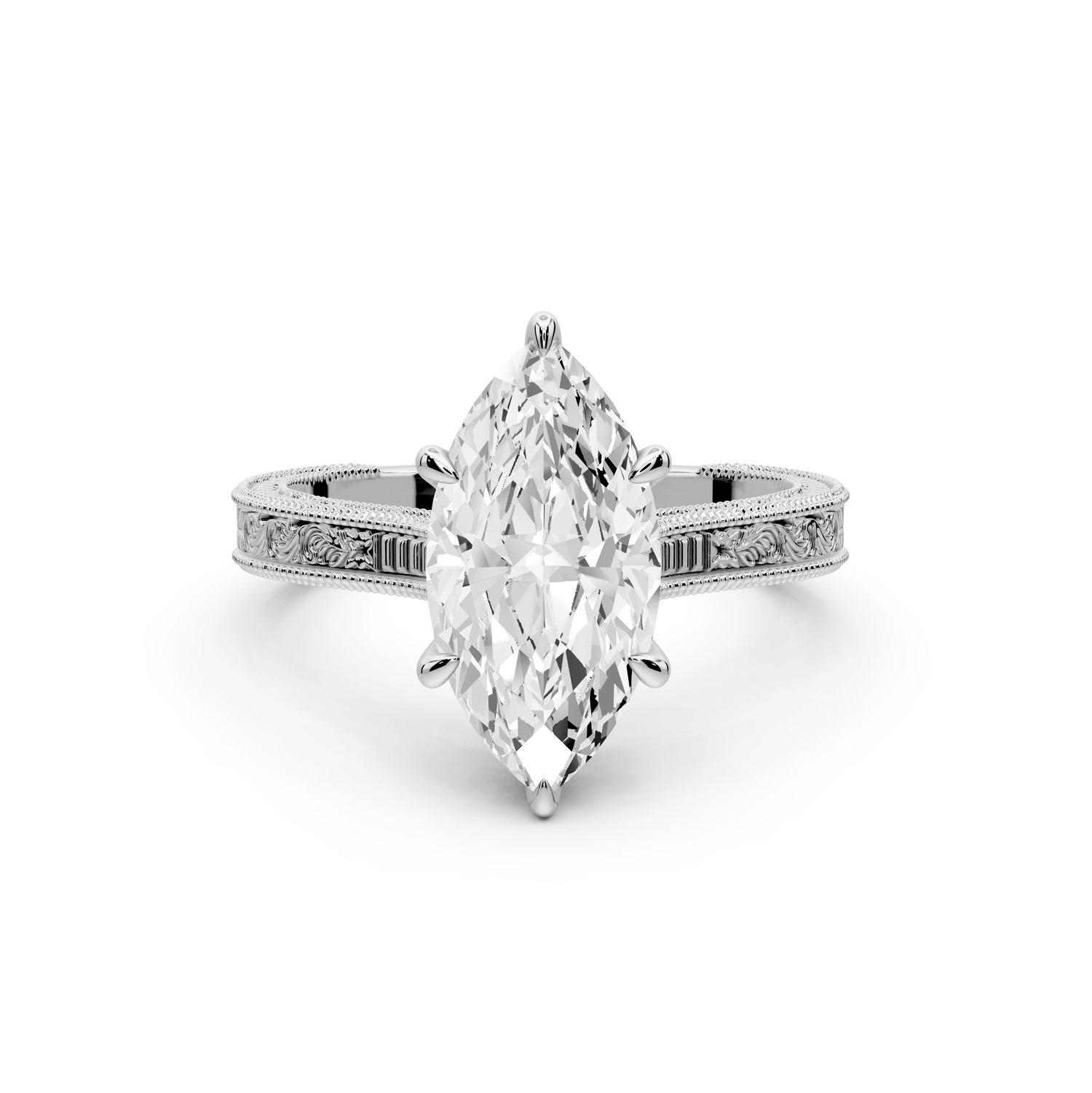 Daniel - 2ct 18k white gold Marquise Vintage-Inspired Solitaire Engagement Ring with Hand-Engraved Milgrain Band - Mr. Alex Jewelry