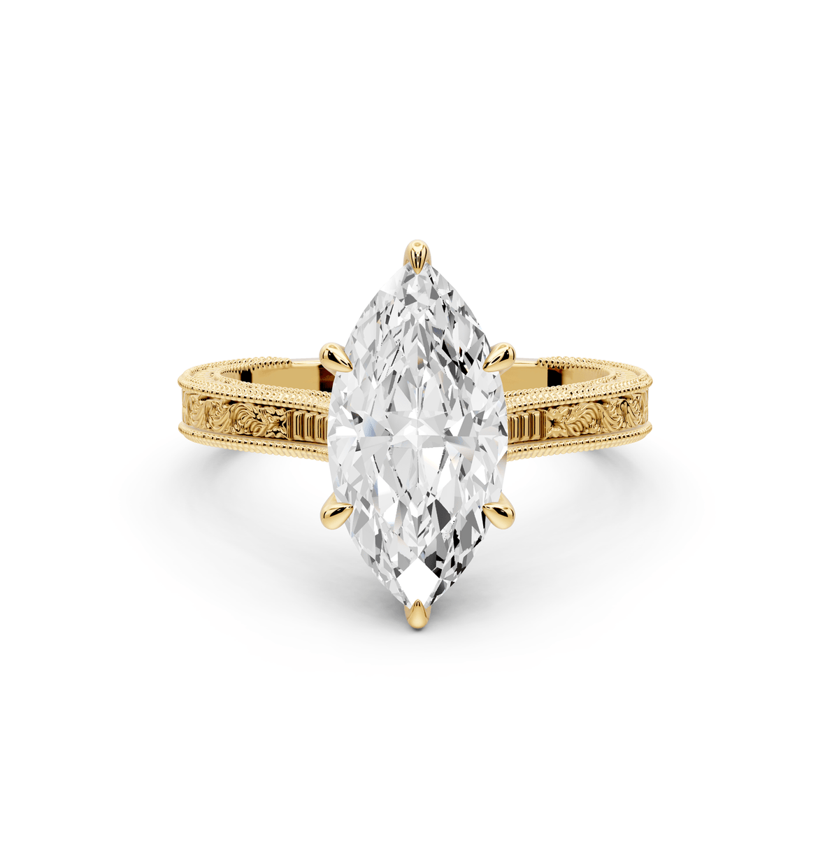 Daniel - 2ct 18k yellow gold Marquise Vintage-Inspired Solitaire Engagement Ring with Hand-Engraved Milgrain Band - Mr. Alex Jewelry