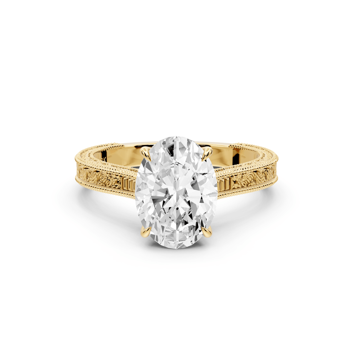 Daniel - 2ct 18k yellow gold Oval Vintage-Inspired Solitaire Engagement Ring with Hand-Engraved Milgrain Band - Mr. Alex Jewelry