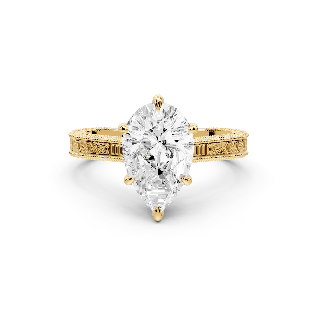 Daniel - 2ct 18k yellow gold Pear Vintage-Inspired Solitaire Engagement Ring with Hand-Engraved Milgrain Band - Mr. Alex Jewelry