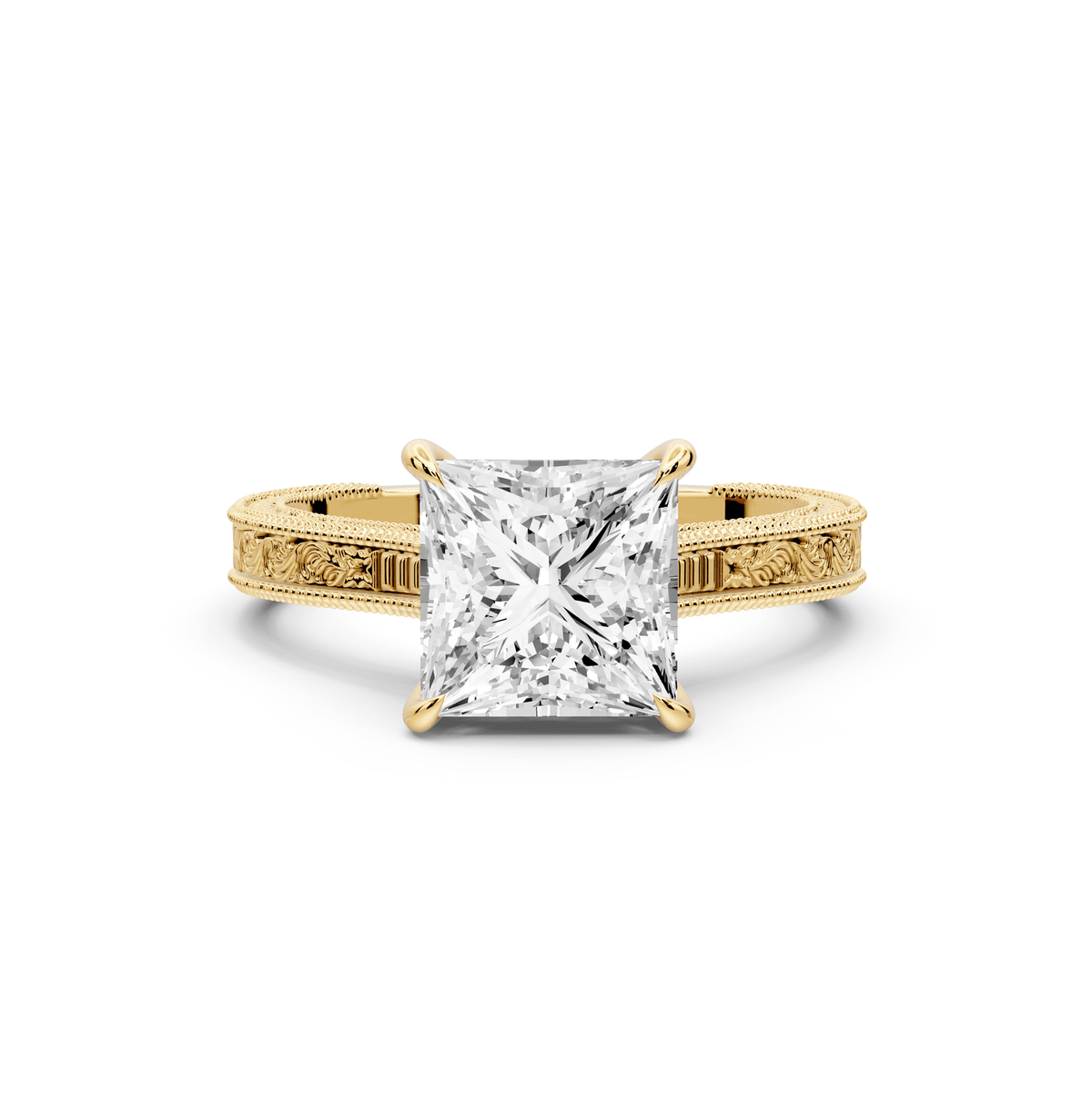 Daniel - 2ct 18k yellow gold Princess Vintage-Inspired Solitaire Engagement Ring with Hand-Engraved Milgrain Band - Mr. Alex Jewelry