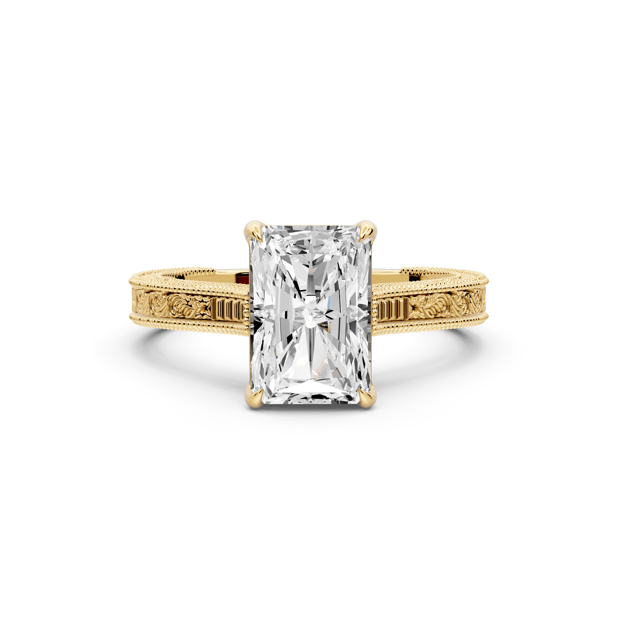 Daniel - 2ct 18k yellow gold Radiant Vintage-Inspired Solitaire Engagement Ring with Hand-Engraved Milgrain Band - Mr. Alex Jewelry