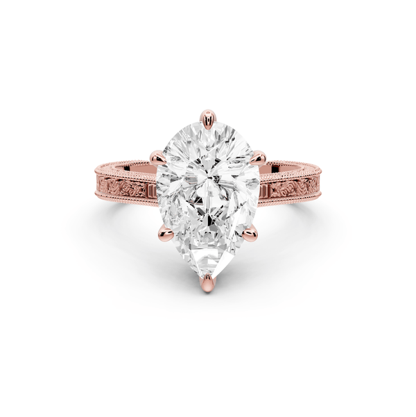 Daniel - 3ct 14k rose gold Pear Vintage-Inspired Solitaire Engagement Ring with Hand-Engraved Milgrain Band - Mr. Alex Jewelry