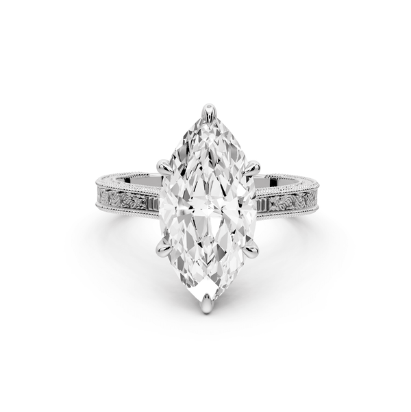 Daniel - 3ct 14k white gold Marquise Vintage-Inspired Solitaire Engagement Ring with Hand-Engraved Milgrain Band - Mr. Alex Jewelry