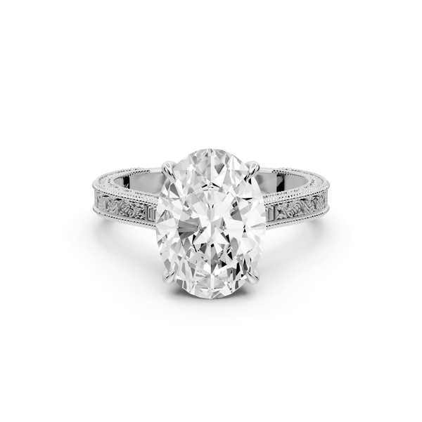 Daniel - 3ct 14k white gold Oval Vintage-Inspired Solitaire Engagement Ring with Hand-Engraved Milgrain Band - Mr. Alex Jewelry