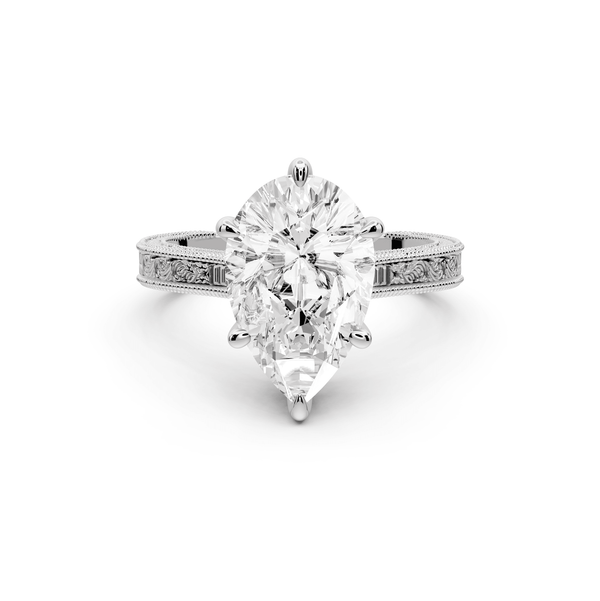 Daniel - 3ct 14k white gold Pear Vintage-Inspired Solitaire Engagement Ring with Hand-Engraved Milgrain Band - Mr. Alex Jewelry
