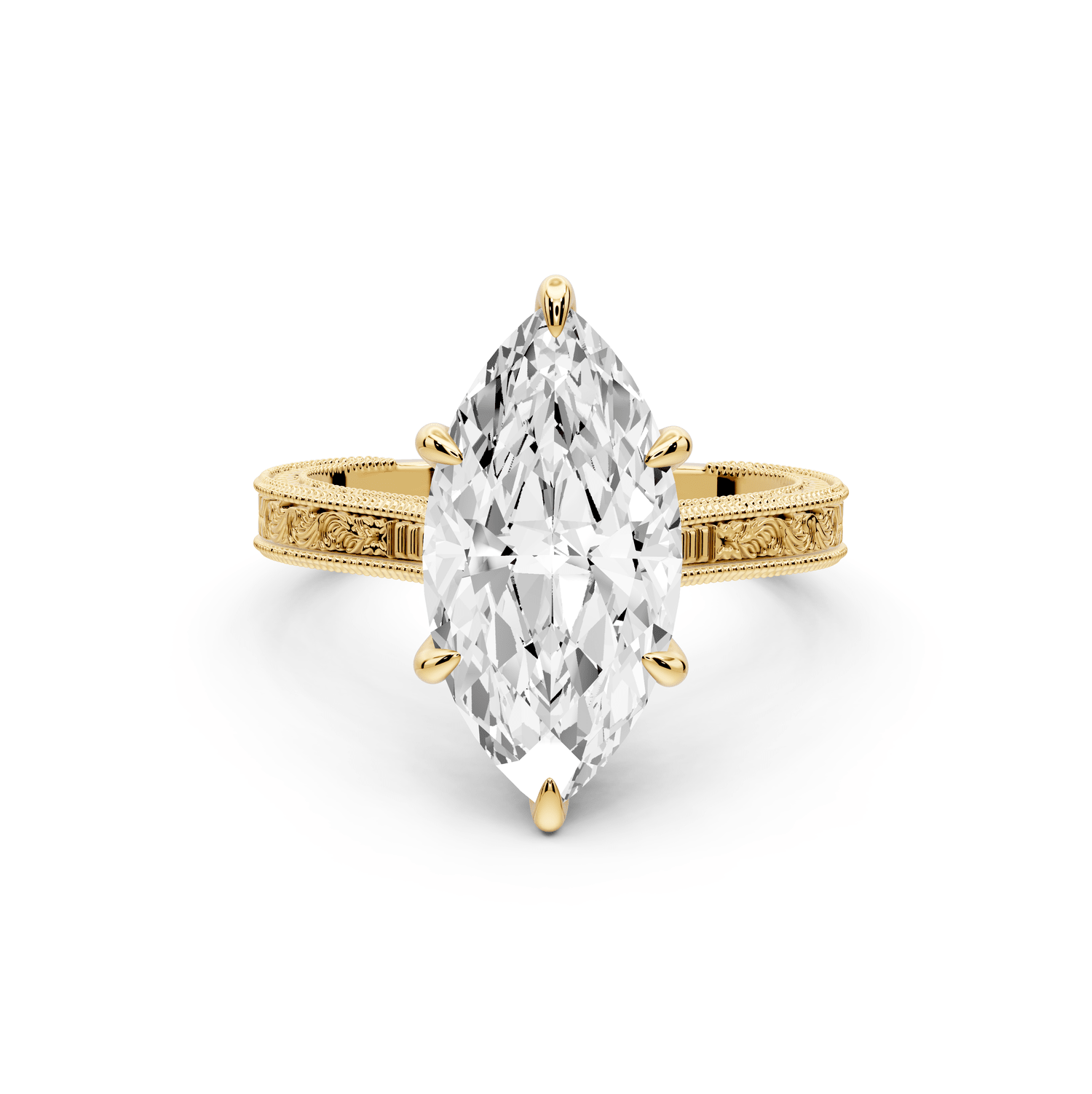 Daniel - 3ct 14k yellow gold Marquise Vintage-Inspired Solitaire Engagement Ring with Hand-Engraved Milgrain Band - Mr. Alex Jewelry