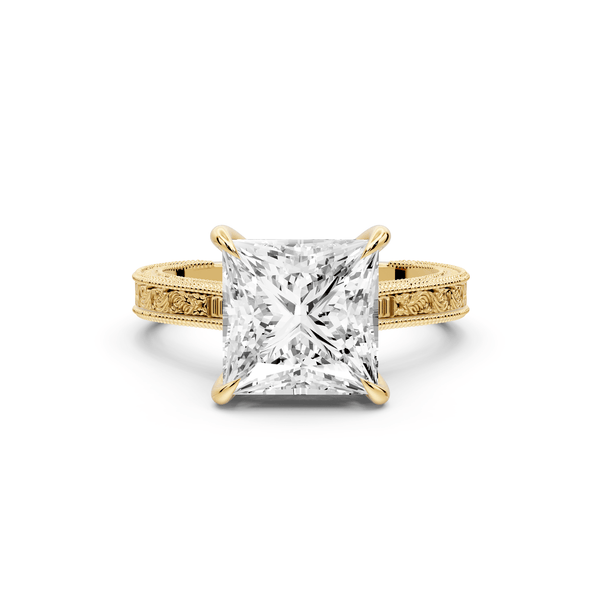 Daniel - 3ct 14k yellow gold Princess Vintage-Inspired Solitaire Engagement Ring with Hand-Engraved Milgrain Band - Mr. Alex Jewelry