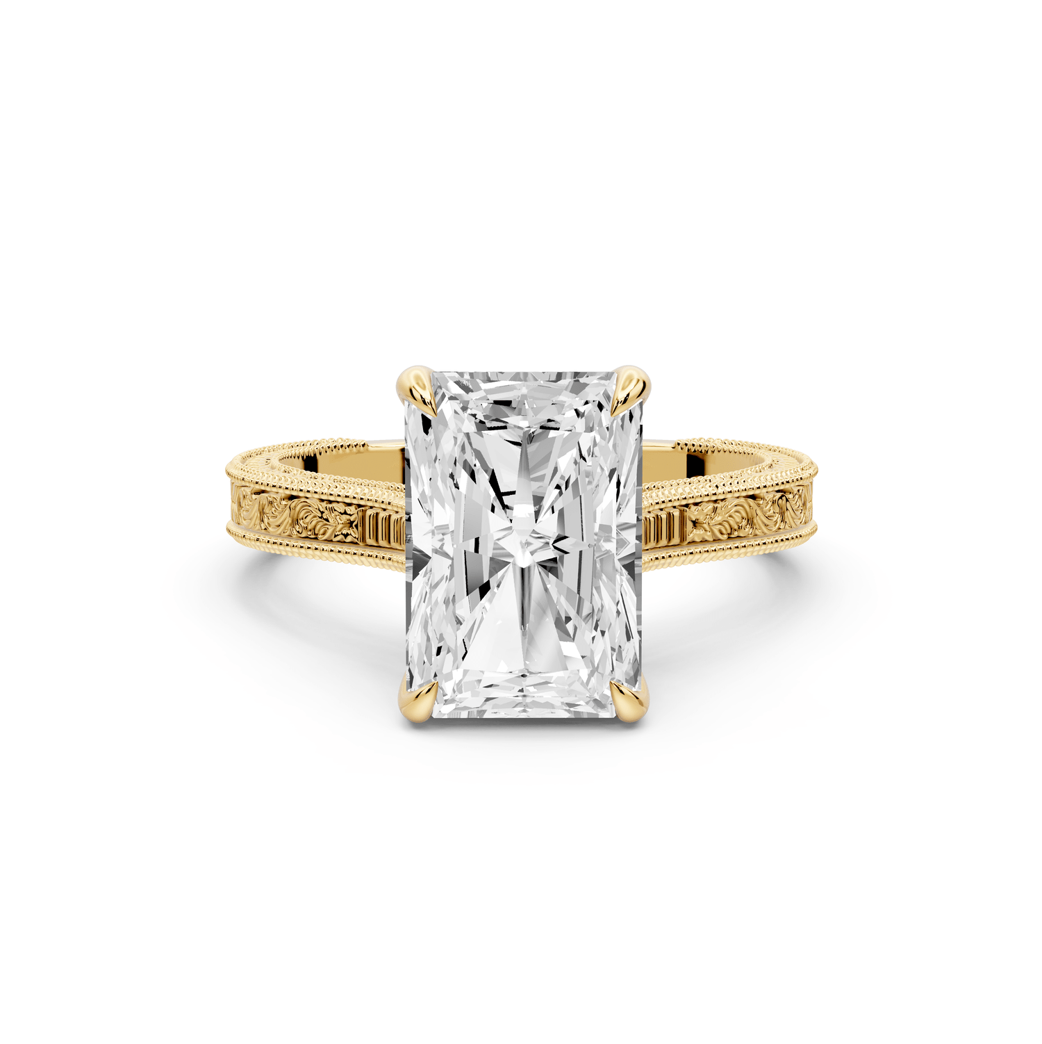 Daniel - 3ct 14k yellow gold Radiant Vintage-Inspired Solitaire Engagement Ring with Hand-Engraved Milgrain Band - Mr. Alex Jewelry