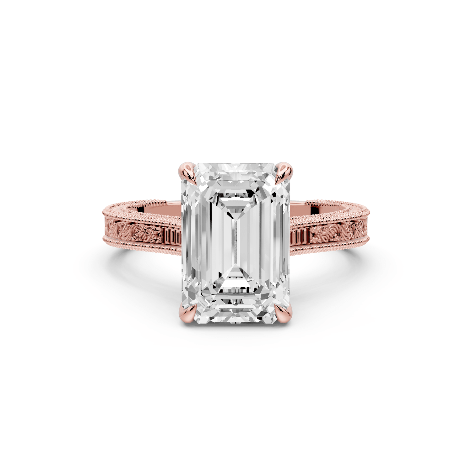 Daniel - 3ct 18k rose gold Emerald Vintage-Inspired Solitaire Engagement Ring with Hand-Engraved Milgrain Band - Mr. Alex Jewelry