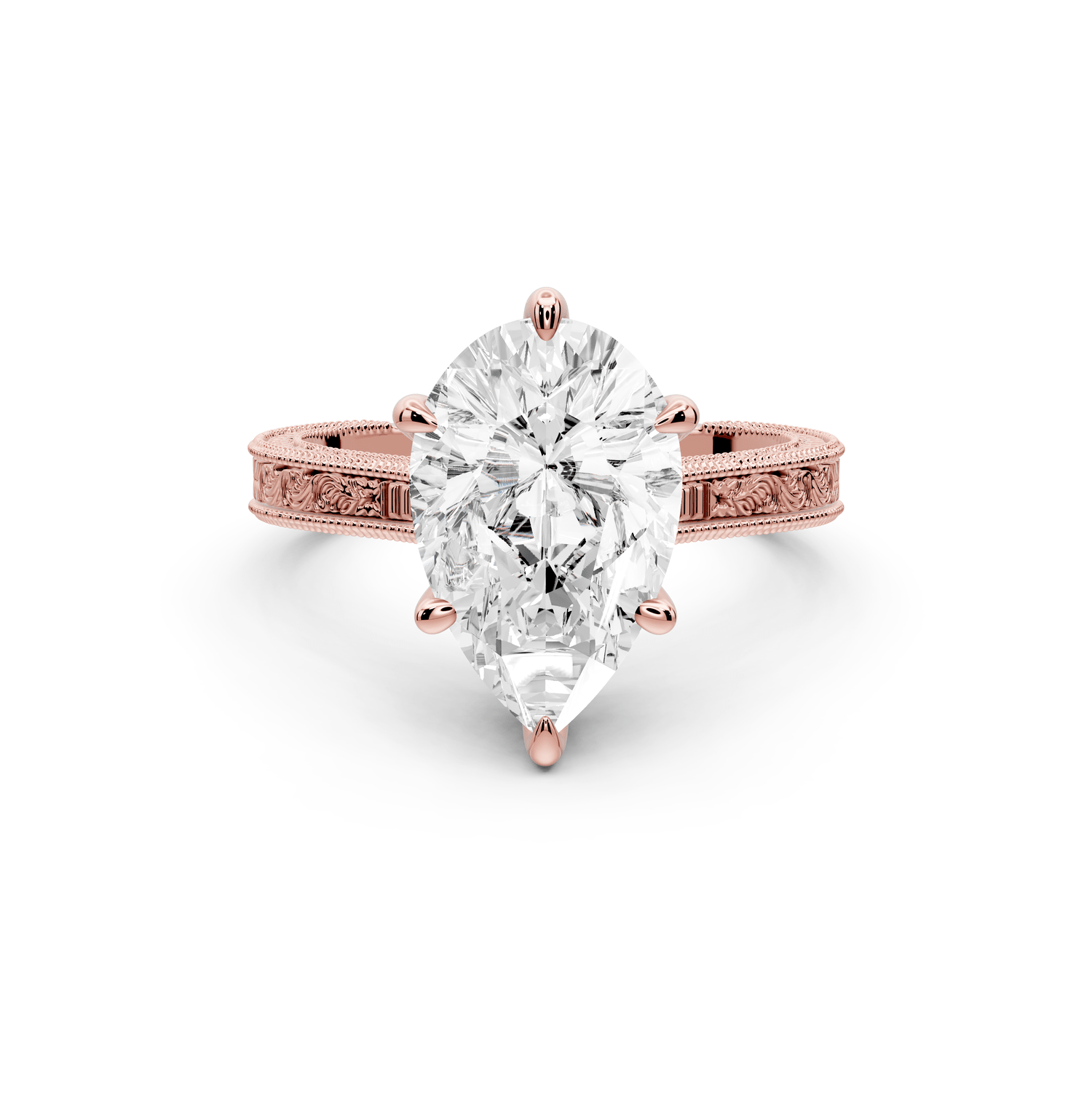 Daniel - 3ct 18k rose gold Pear Vintage-Inspired Solitaire Engagement Ring with Hand-Engraved Milgrain Band - Mr. Alex Jewelry