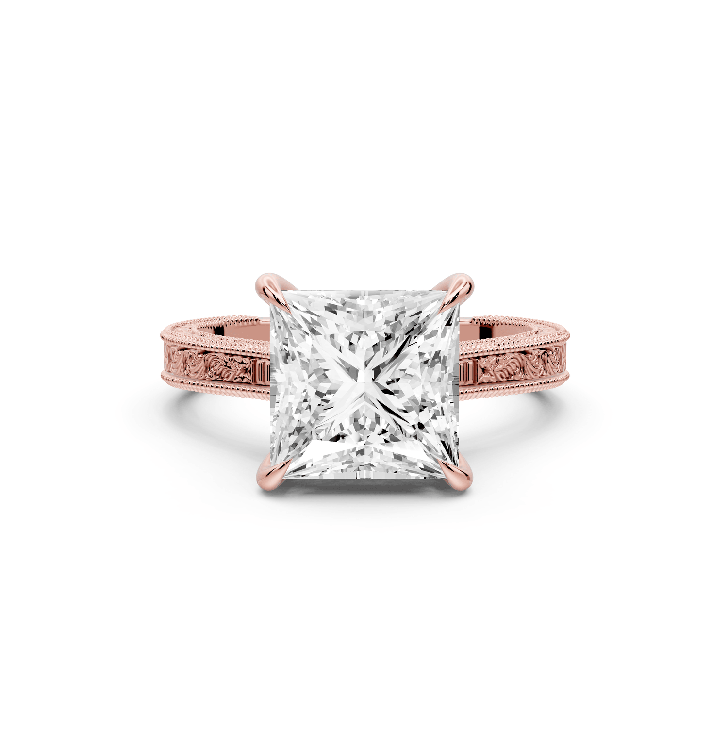 Daniel - 3ct 18k rose gold Princess Vintage-Inspired Solitaire Engagement Ring with Hand-Engraved Milgrain Band - Mr. Alex Jewelry
