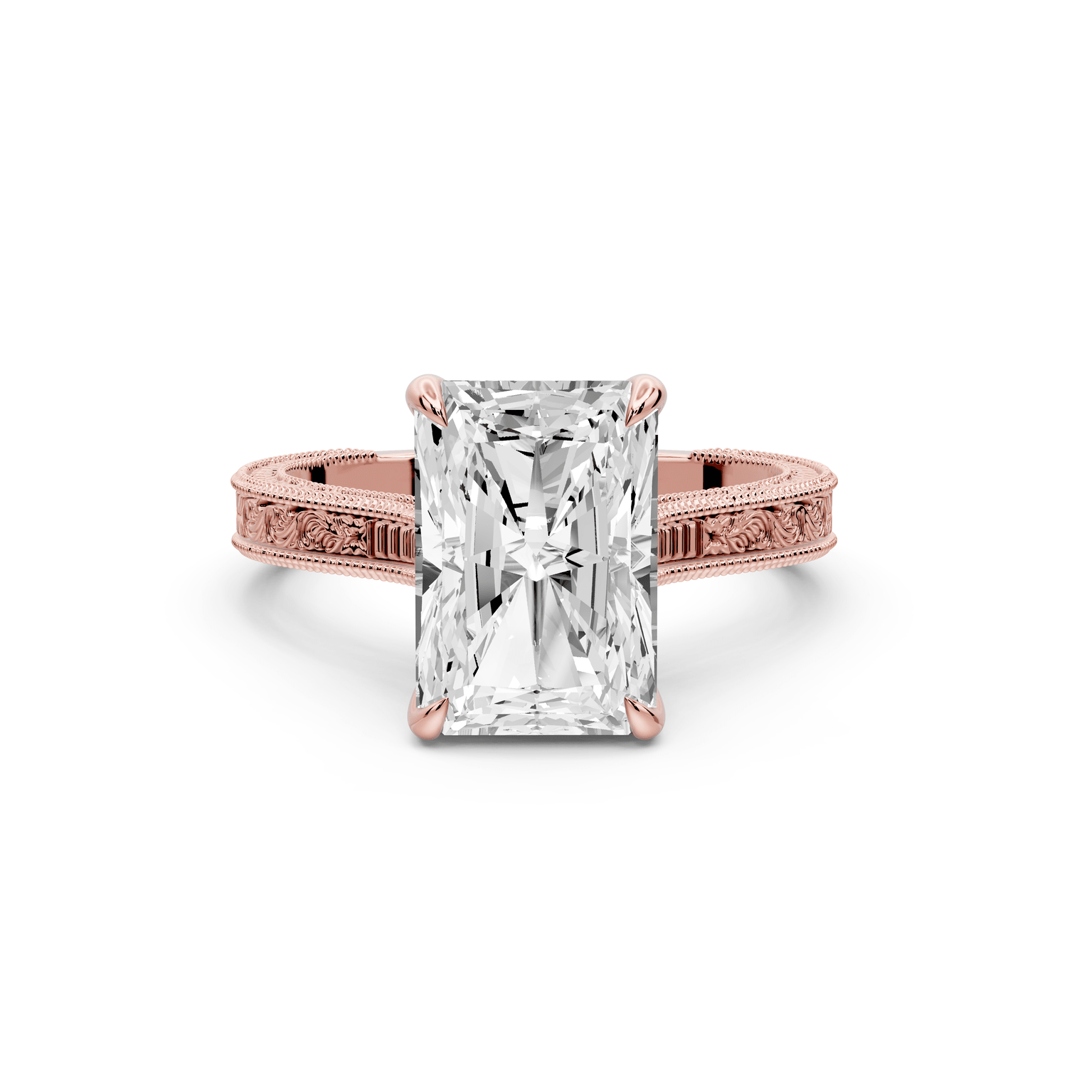 Daniel - 3ct 18k rose gold Radiant Vintage-Inspired Solitaire Engagement Ring with Hand-Engraved Milgrain Band - Mr. Alex Jewelry