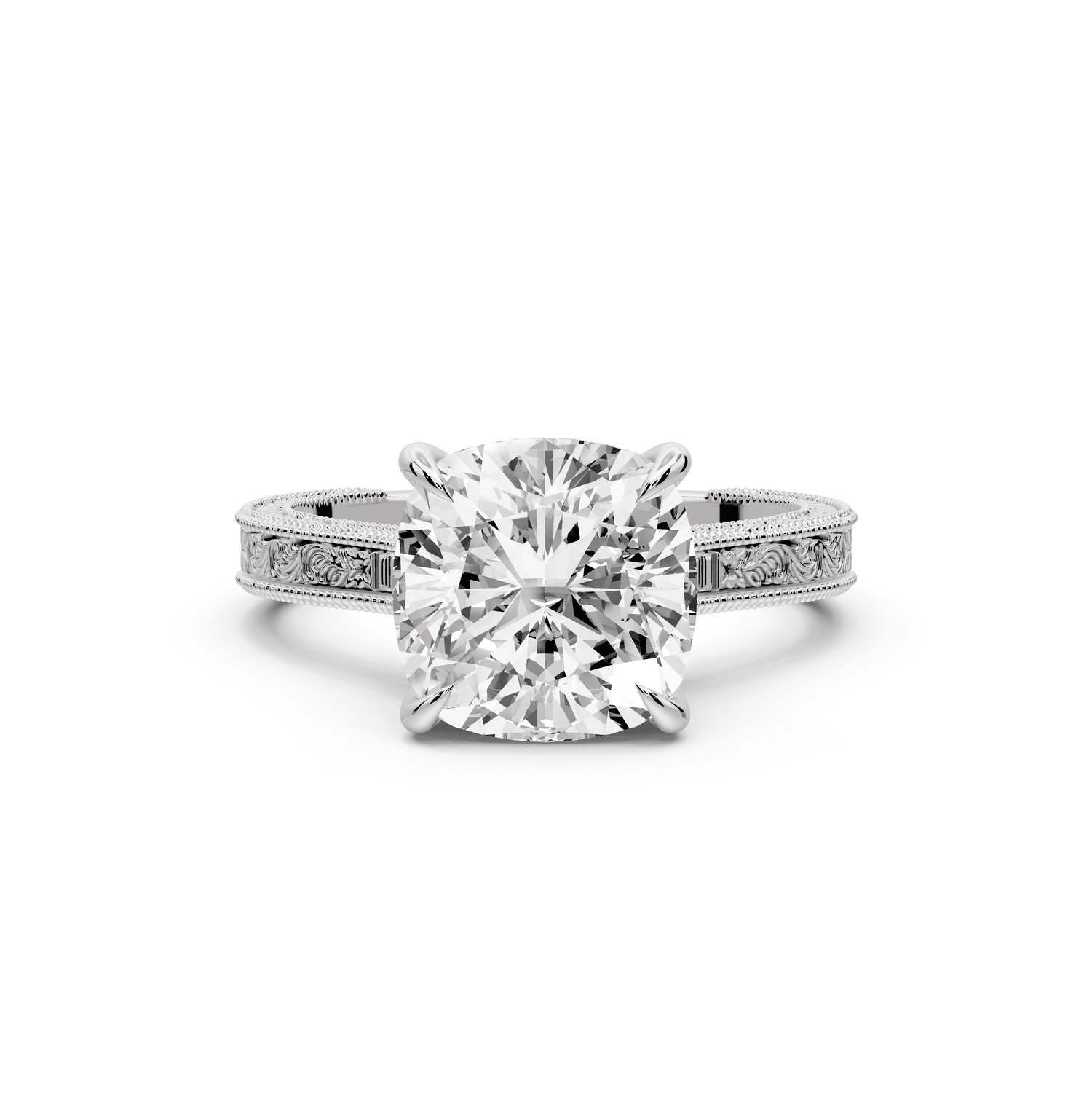 Daniel - 3ct 18k white gold Cushion Vintage-Inspired Solitaire Engagement Ring with Hand-Engraved Milgrain Band - Mr. Alex Jewelry