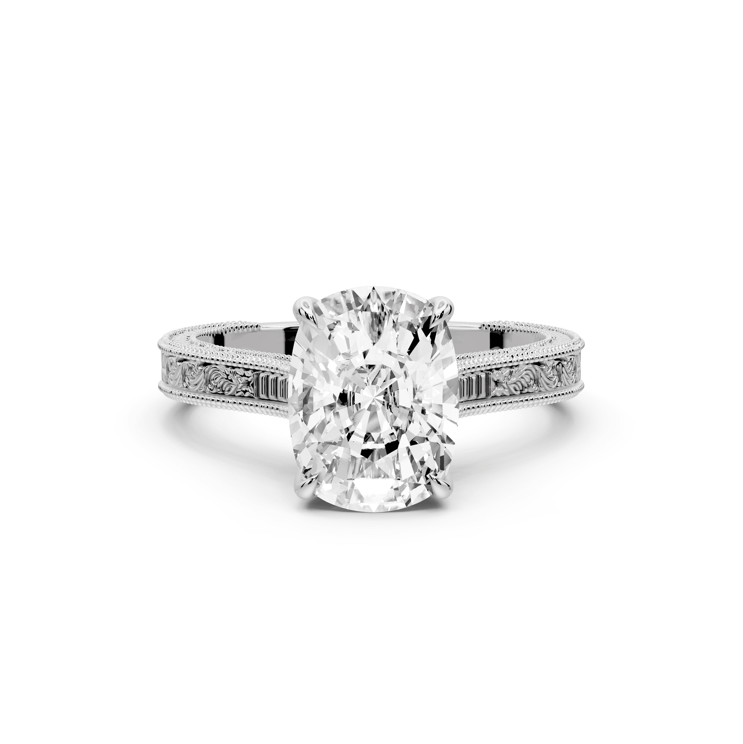 Daniel - 3ct 18k white gold Ecushion Vintage-Inspired Solitaire Engagement Ring with Hand-Engraved Milgrain Band - Mr. Alex Jewelry