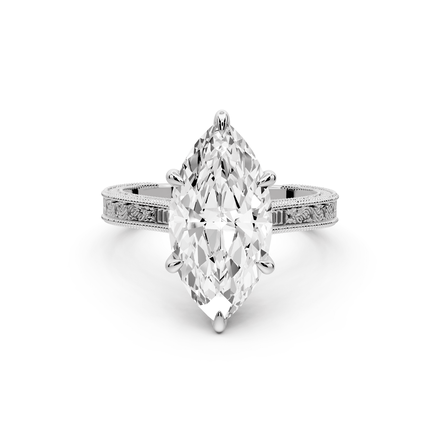 Daniel - 3ct 18k white gold Marquise Vintage-Inspired Solitaire Engagement Ring with Hand-Engraved Milgrain Band - Mr. Alex Jewelry