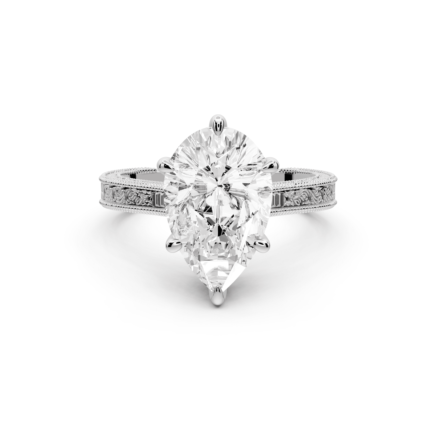 Daniel - 3ct 18k white gold Pear Vintage-Inspired Solitaire Engagement Ring with Hand-Engraved Milgrain Band - Mr. Alex Jewelry