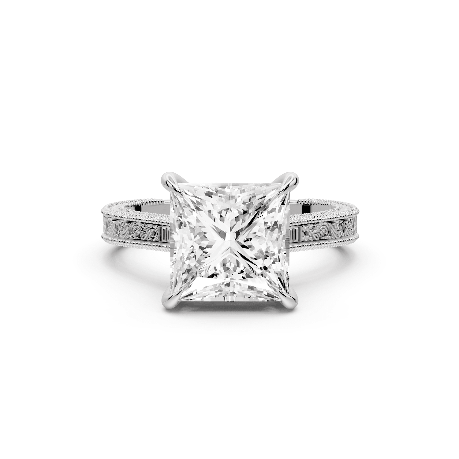 Daniel - 3ct 18k white gold Princess Vintage-Inspired Solitaire Engagement Ring with Hand-Engraved Milgrain Band - Mr. Alex Jewelry
